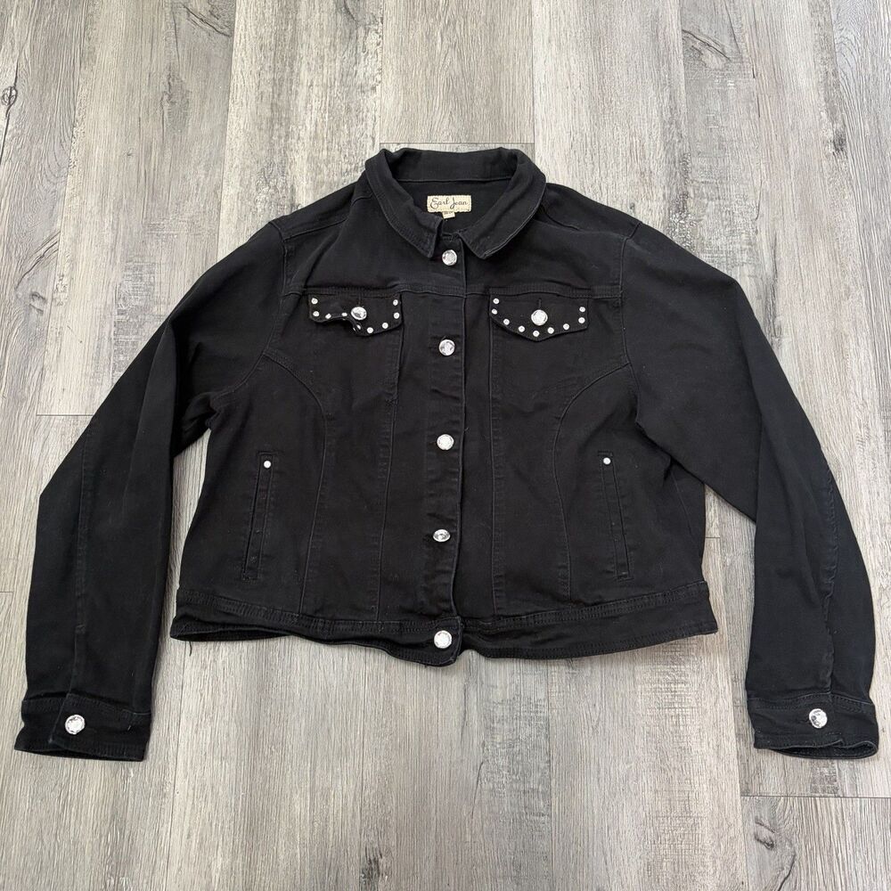 Women’s Earl Jean Black Jean Jacket With Rhinestone Buttons Accents Size 18/20